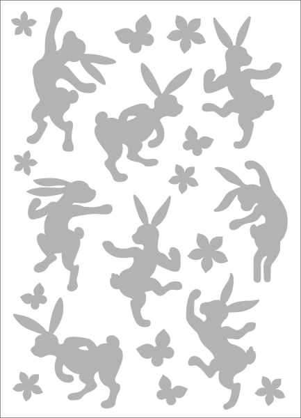 Satinier Schablone/ Aufkleber - 8 tanzende Hasen in Silber A5